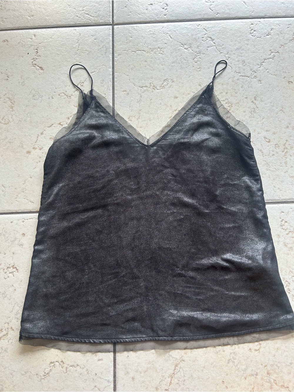 Pull&Bear Black Satin V-Neck Cami with Sheer Trim